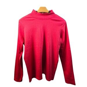 LL Bean Women Red Supima Cotton Mock Neck‎ Long Sleeve Top Shirt L-REG 217052